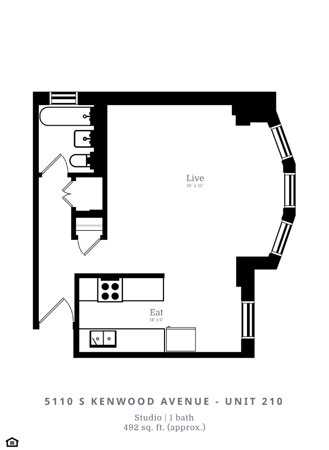 Floor plan for studio, 1 bath, 569 sqft